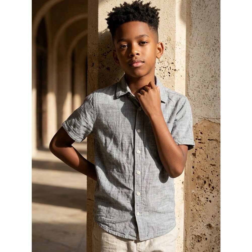 Arizona Youth Gray Woven Button Down Front Casual Shirt Medium Boys 10/12 Kids